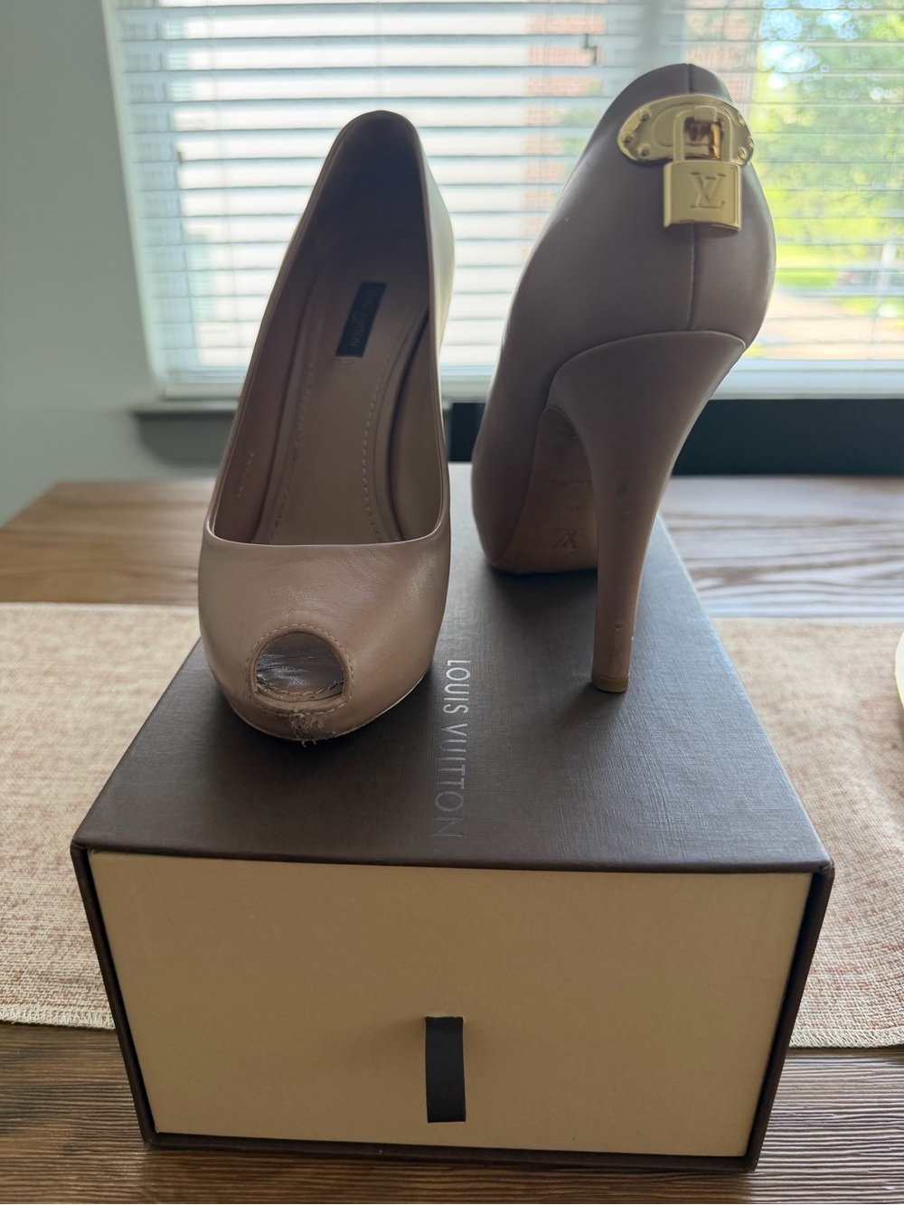 Louis Vuitton Nude Peep-Toe Pumps with Gold Padlock Accent